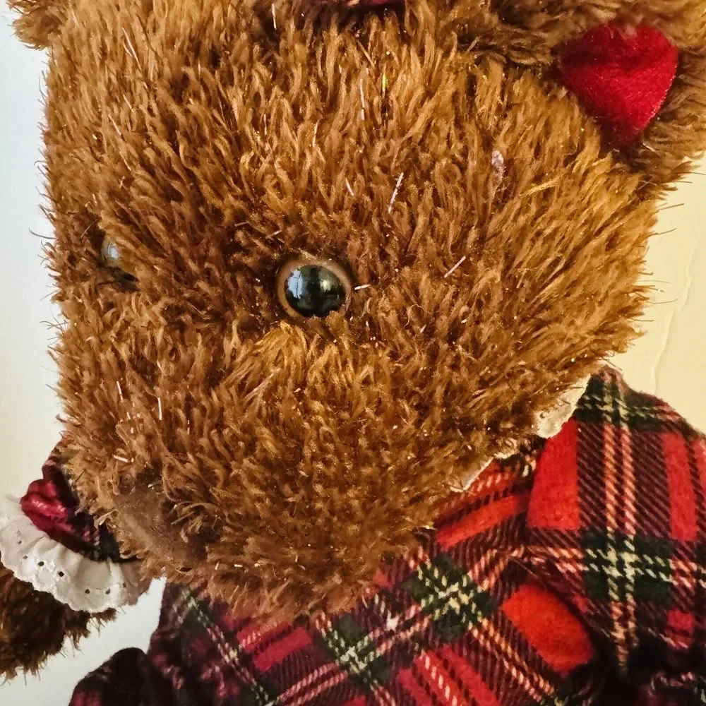 Vtg Y2k 2004 Childrens Place TCP Christmas Girl Teddy Bear Red Plaid Gown Brown